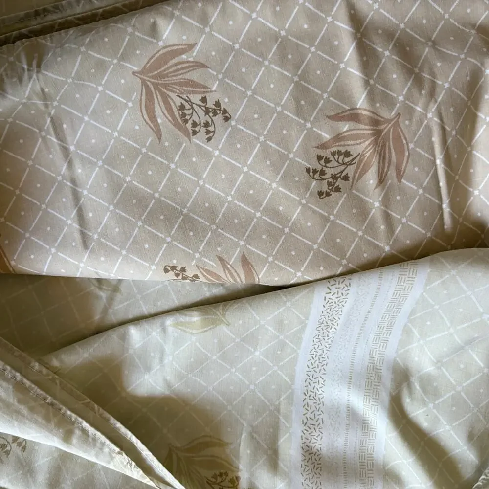 Vintage Queen Sheet Set Top & Bottom Beige Floral Cottage Farmhouse Neutral